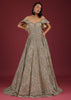 Net Oyster Gown With Layers, Embroidery Of 3D Petals And Moti, And A Cold Shoulder Neckline