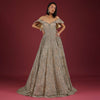 Net Oyster Gown With Layers, Embroidery Of 3D Petals And Moti, And A Cold Shoulder Neckline