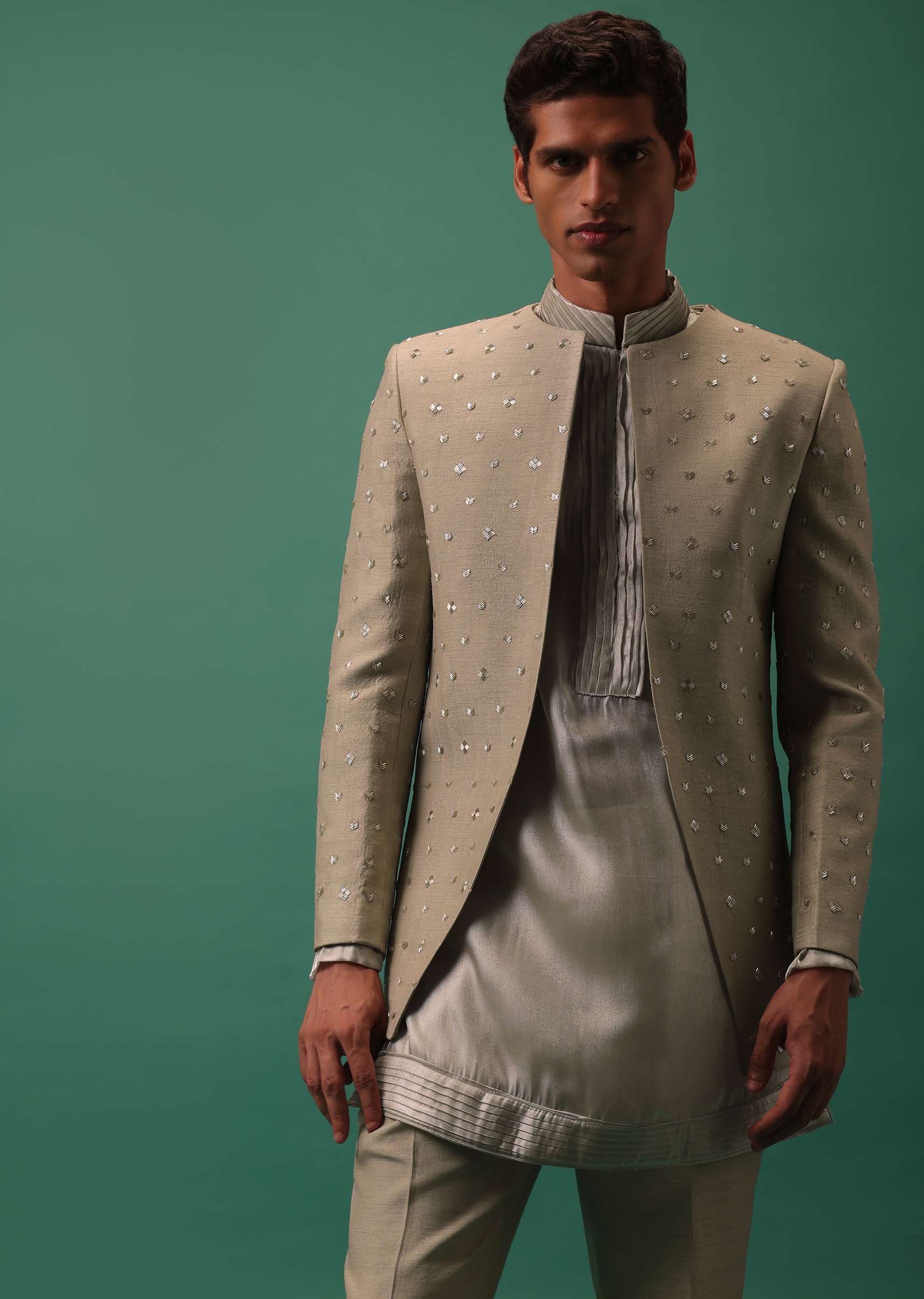 Oyster-Shaded Detailed Organza Kurta Set With Embroidered Jacket