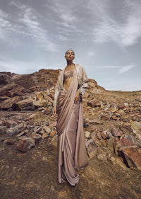 Oyster Beige Short Blazer With Blouse And Pre Stitched Saree