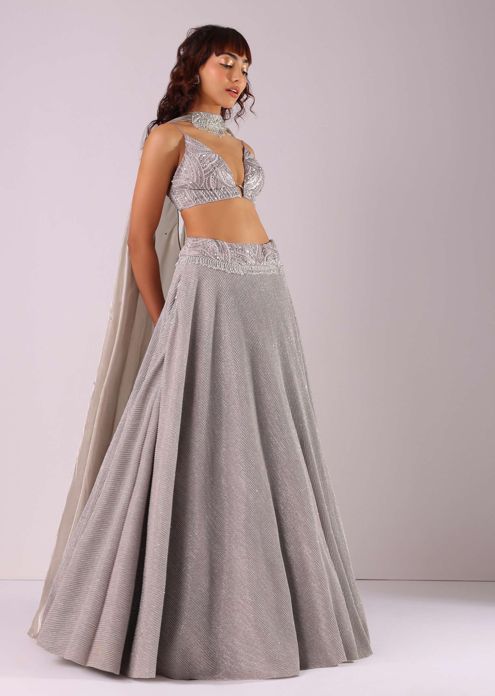 Oyster Grey Embroidered Lehenga Set In Knit With Choker Dupatta