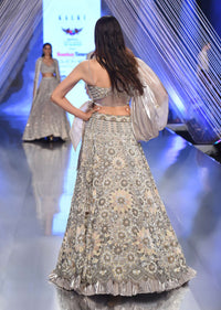 Oyster Lehenga And A Crop Top With One Sided Balloon Sleeves Tie Up Top And Cut Dana Motifs Embroidery