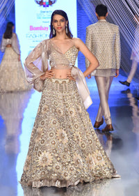 Oyster Lehenga And A Crop Top With One Sided Balloon Sleeves Tie Up Top And Cut Dana Motifs Embroidery