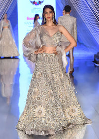 Oyster Lehenga And A Crop Top With One Sided Balloon Sleeves Tie Up Top And Cut Dana Motifs Embroidery