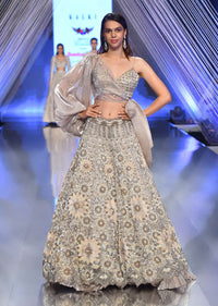 Oyster Lehenga And A Crop Top With One Sided Balloon Sleeves Tie Up Top And Cut Dana Motifs Embroidery