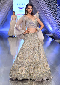 Oyster Lehenga And A Crop Top With One Sided Balloon Sleeves Tie Up Top And Cut Dana Motifs Embroidery