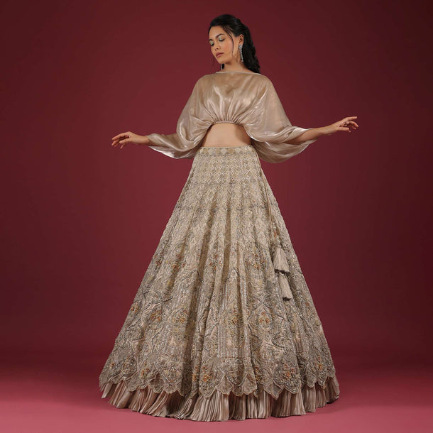 Oyster Lehenga With An Organza Cape Top And Cut Dana Handwork On The Lehenga