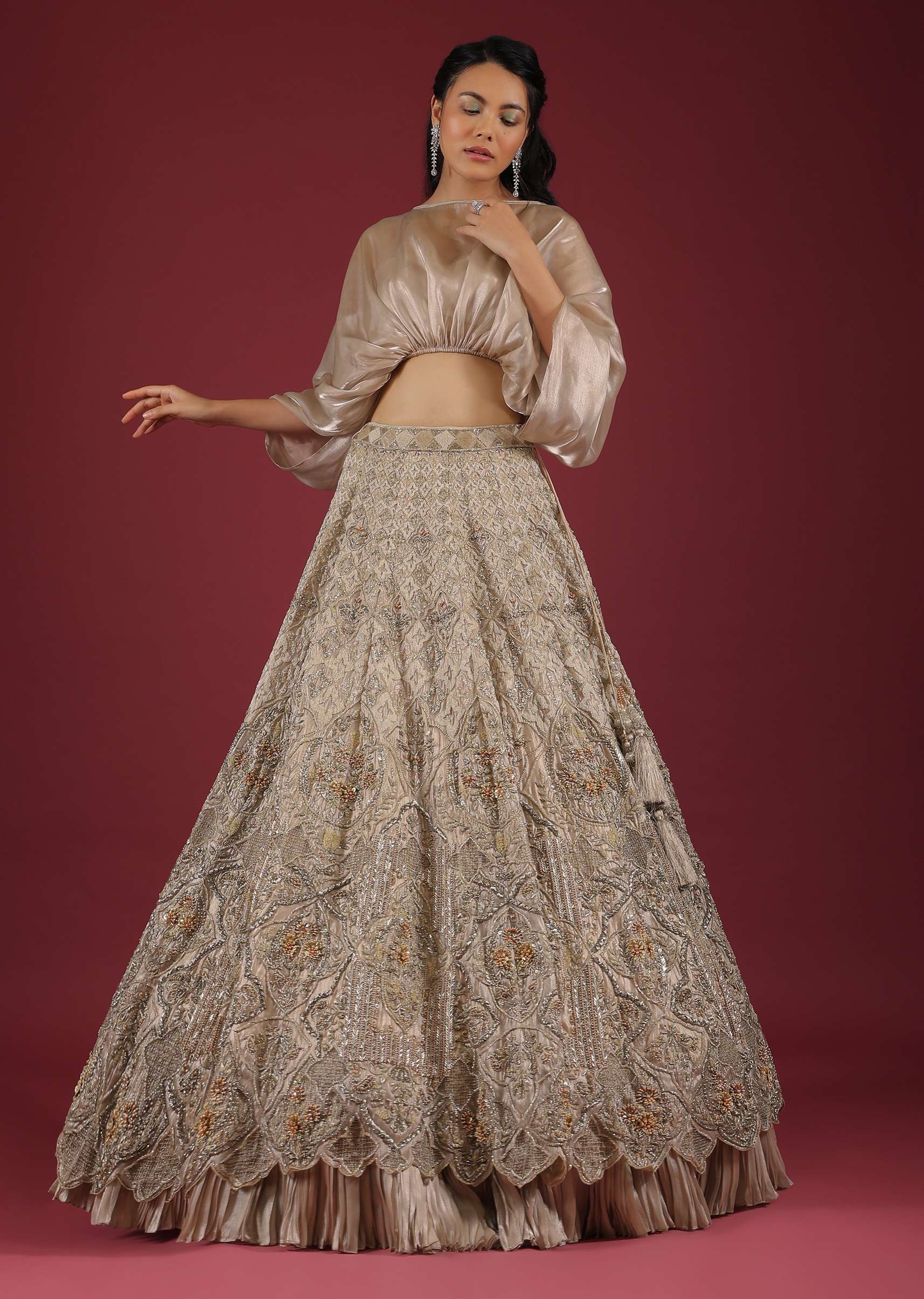 Oyster Lehenga With An Organza Cape Top And Cut Dana Handwork On The Lehenga