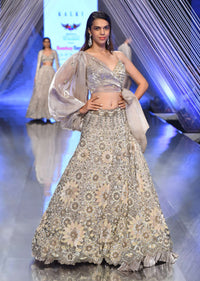 Oyster Lehenga And A Crop Top With One Sided Balloon Sleeves Tie Up Top And Cut Dana Motifs Embroidery