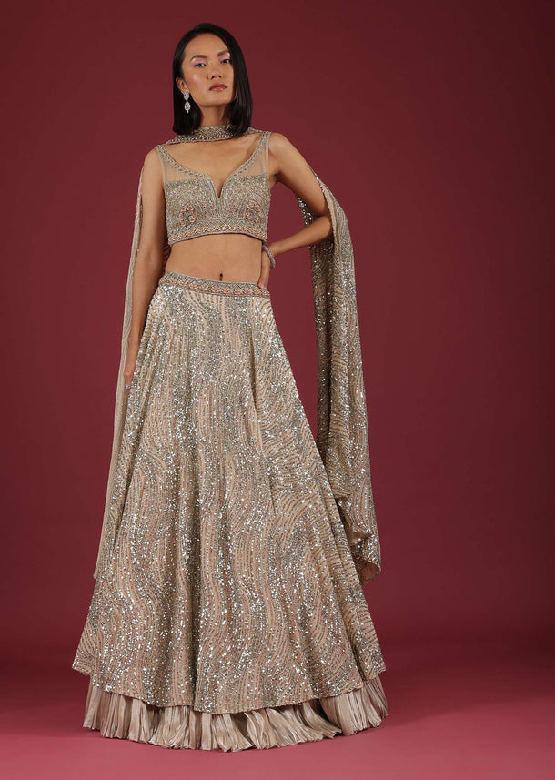 Oyster Net Lehenga And Crop Top With 3D Petal Motifs And An Open Back