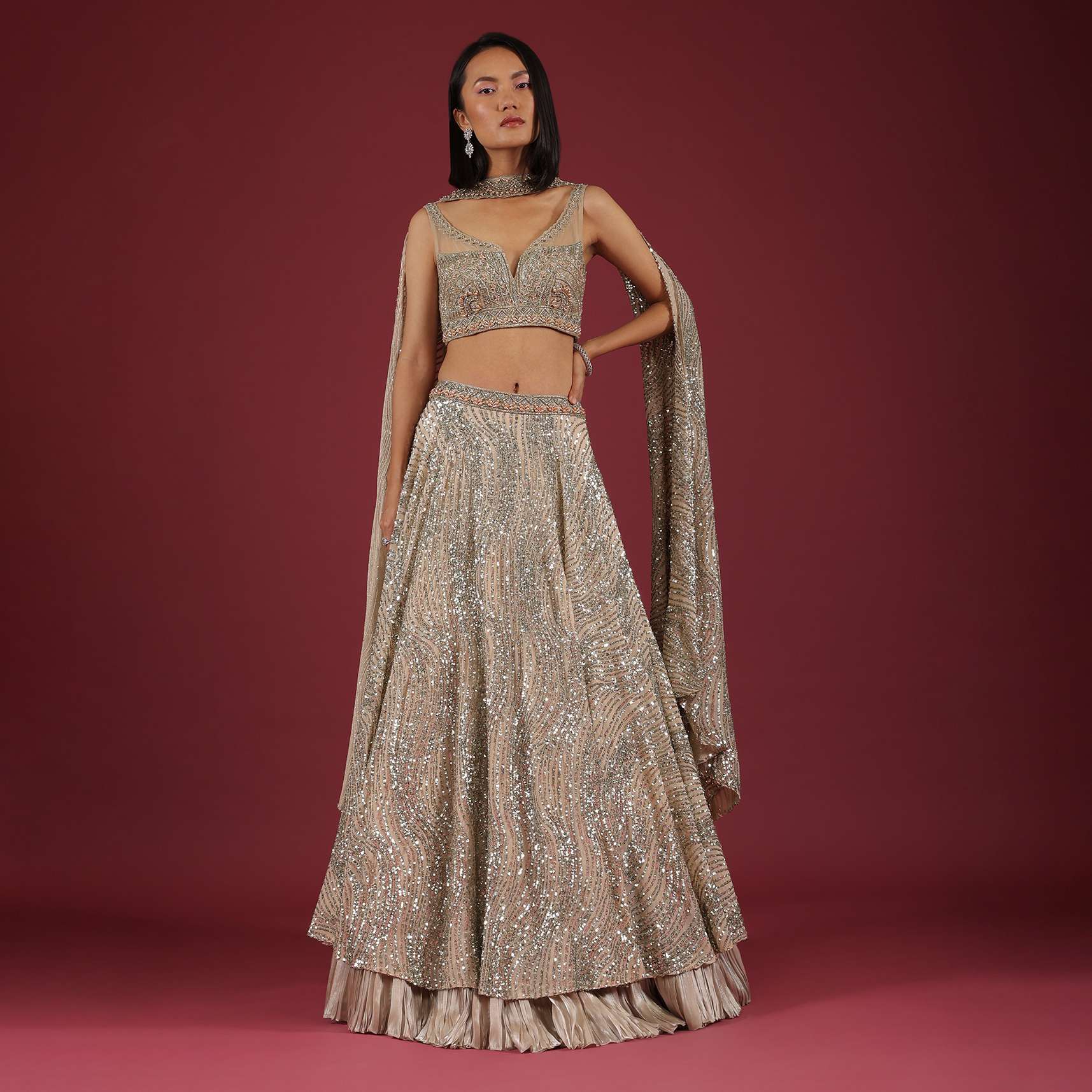 Oyster Net Lehenga And Crop Top With 3D Petal Motifs And An Open Back