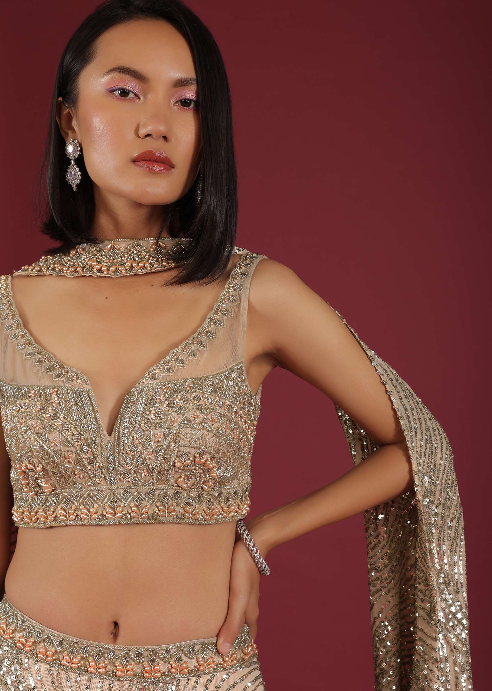 Oyster Net Lehenga And Crop Top With 3D Petal Motifs And An Open Back