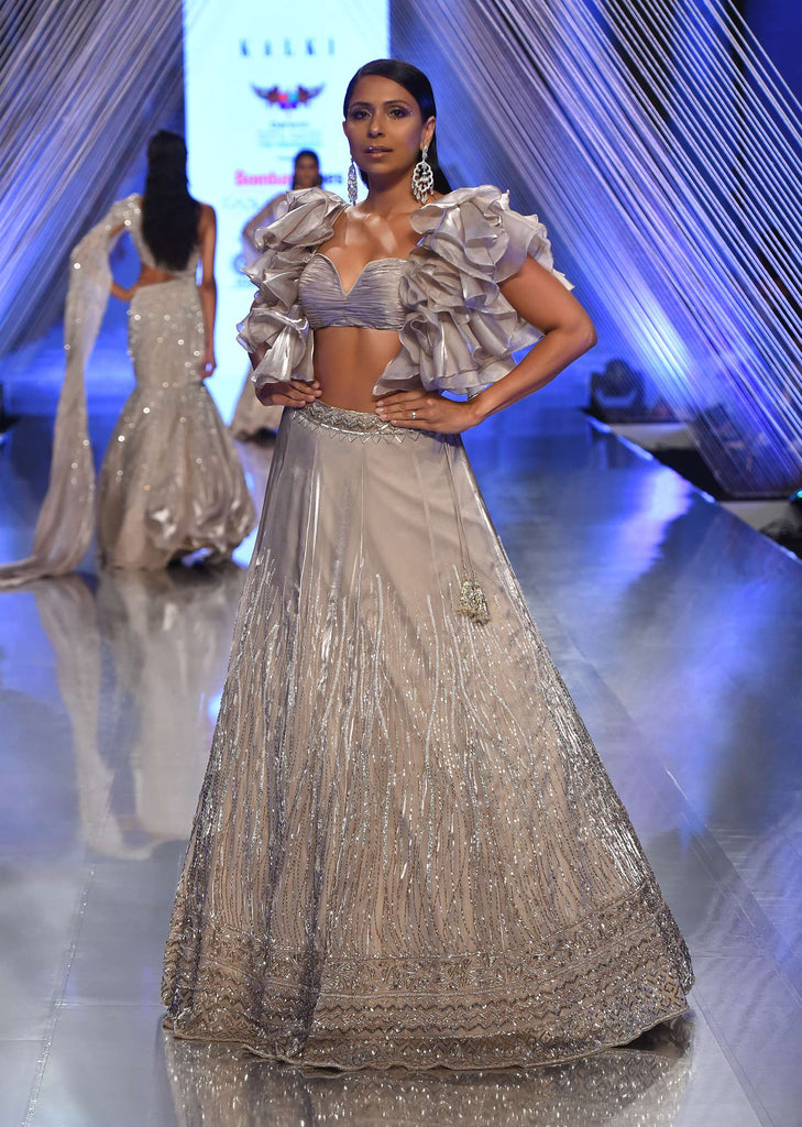 Doe Lehenga With A Crop Top In Ruffled Sleeves,Crop Top Comes In Plunging Sweeth Heart Neckline