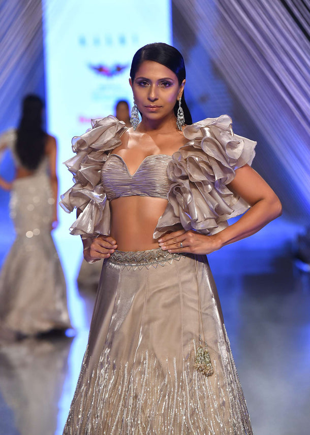 Doe Lehenga With A Crop Top In Ruffled Sleeves,Crop Top Comes In Plunging Sweeth Heart Neckline