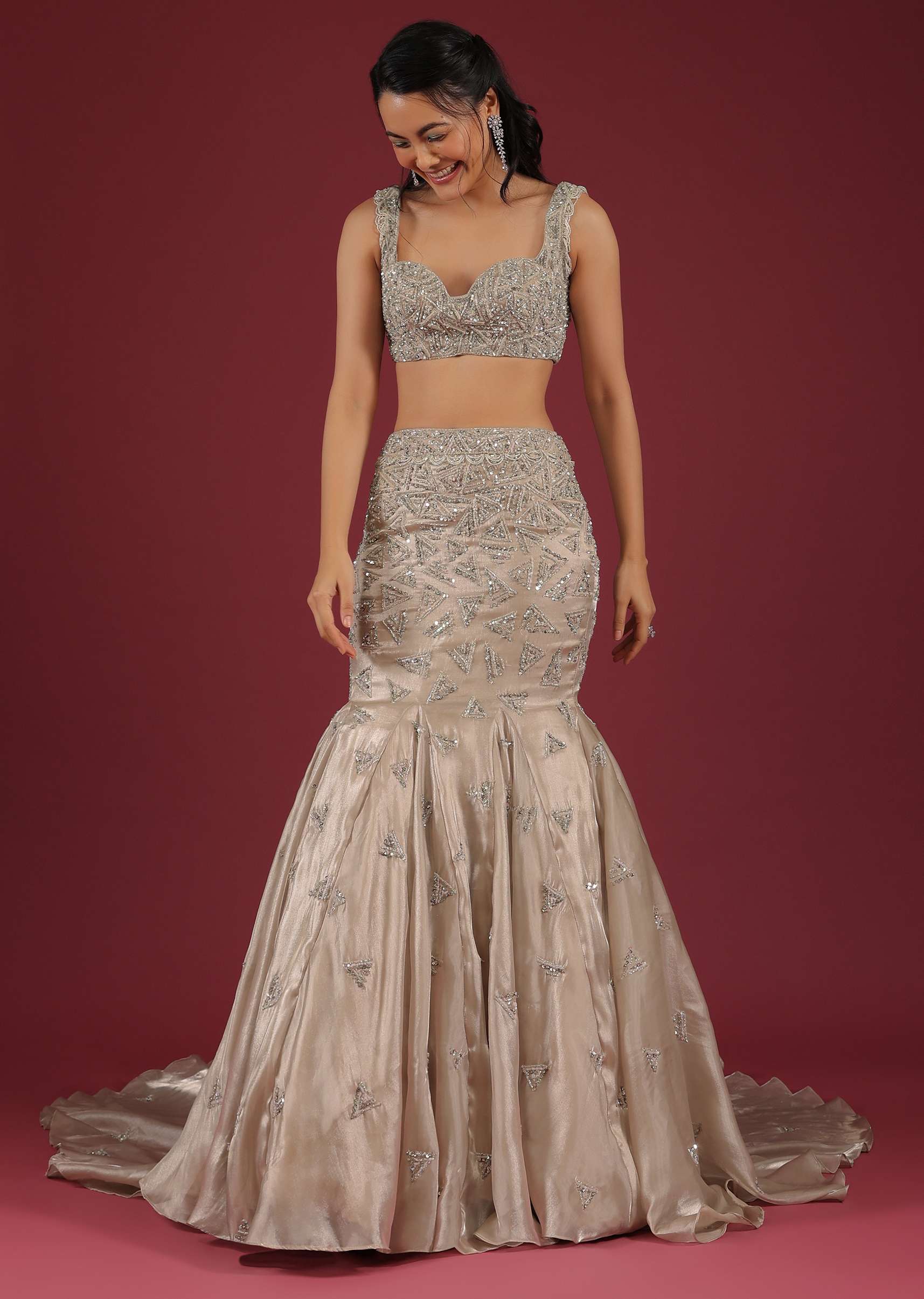 Organza Oyster Mermaid Lehenga With A Stone Motif Veil And Crop Top