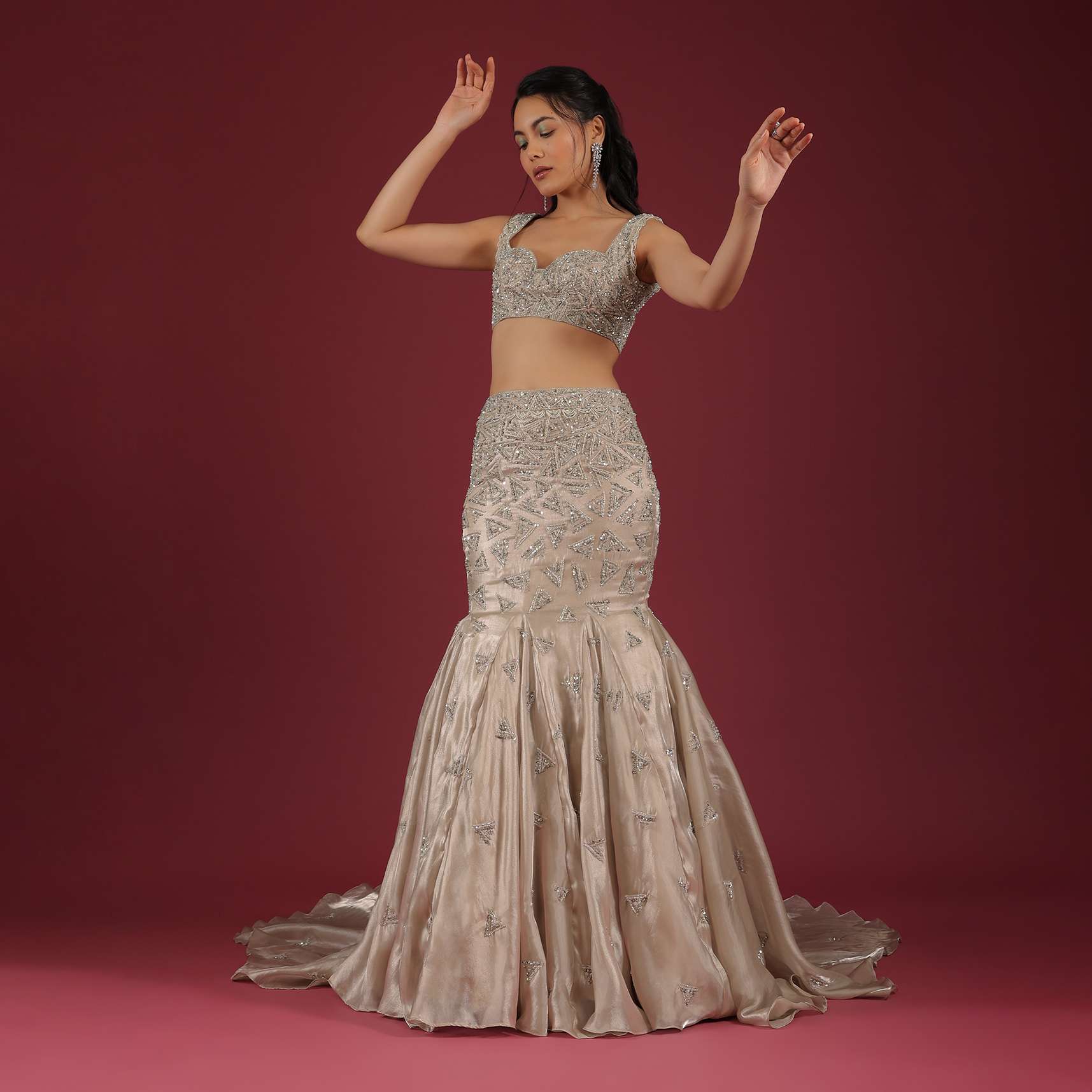 Organza Oyster Mermaid Lehenga With A Stone Motif Veil And Crop Top