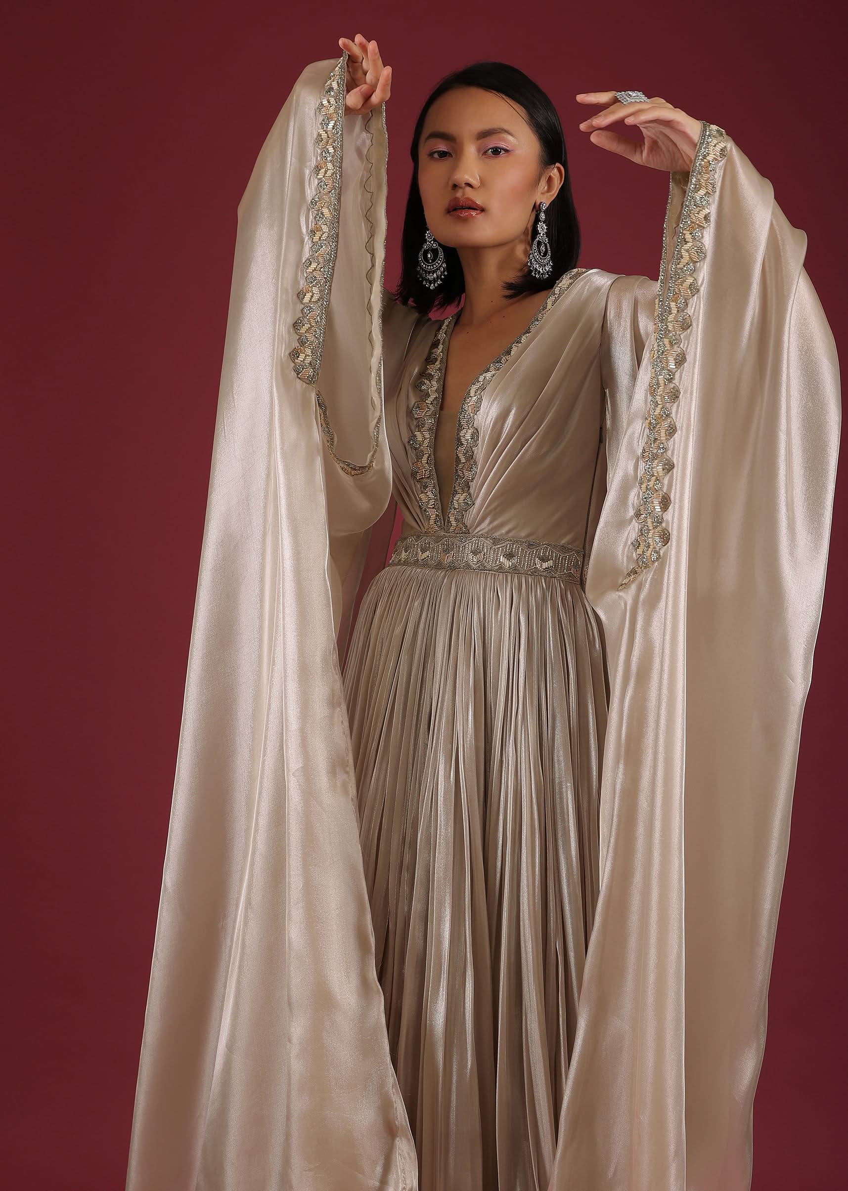 Oyster Organza Gown In Wide Sleeves, Crafted In Tissue Organza In A Deep V Neckline
