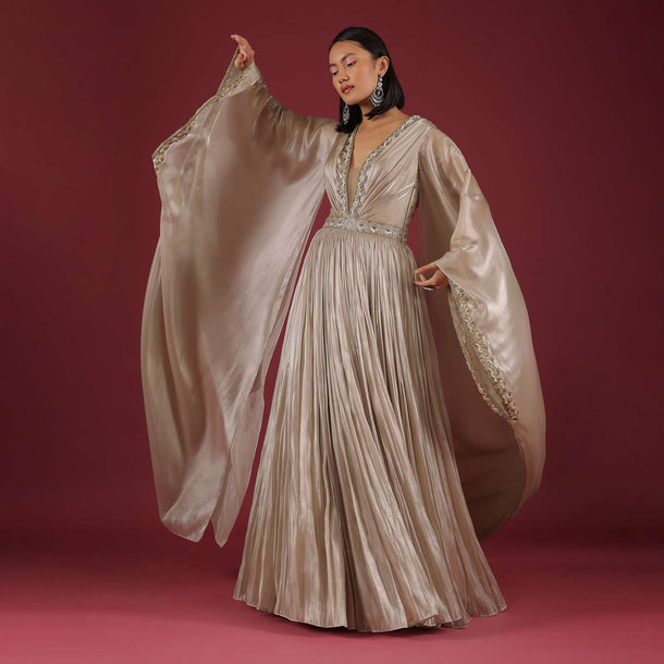 Oyster Organza Gown With Wide Sleeves, Fabricated In Tissue Organza In A Deep V Neckline