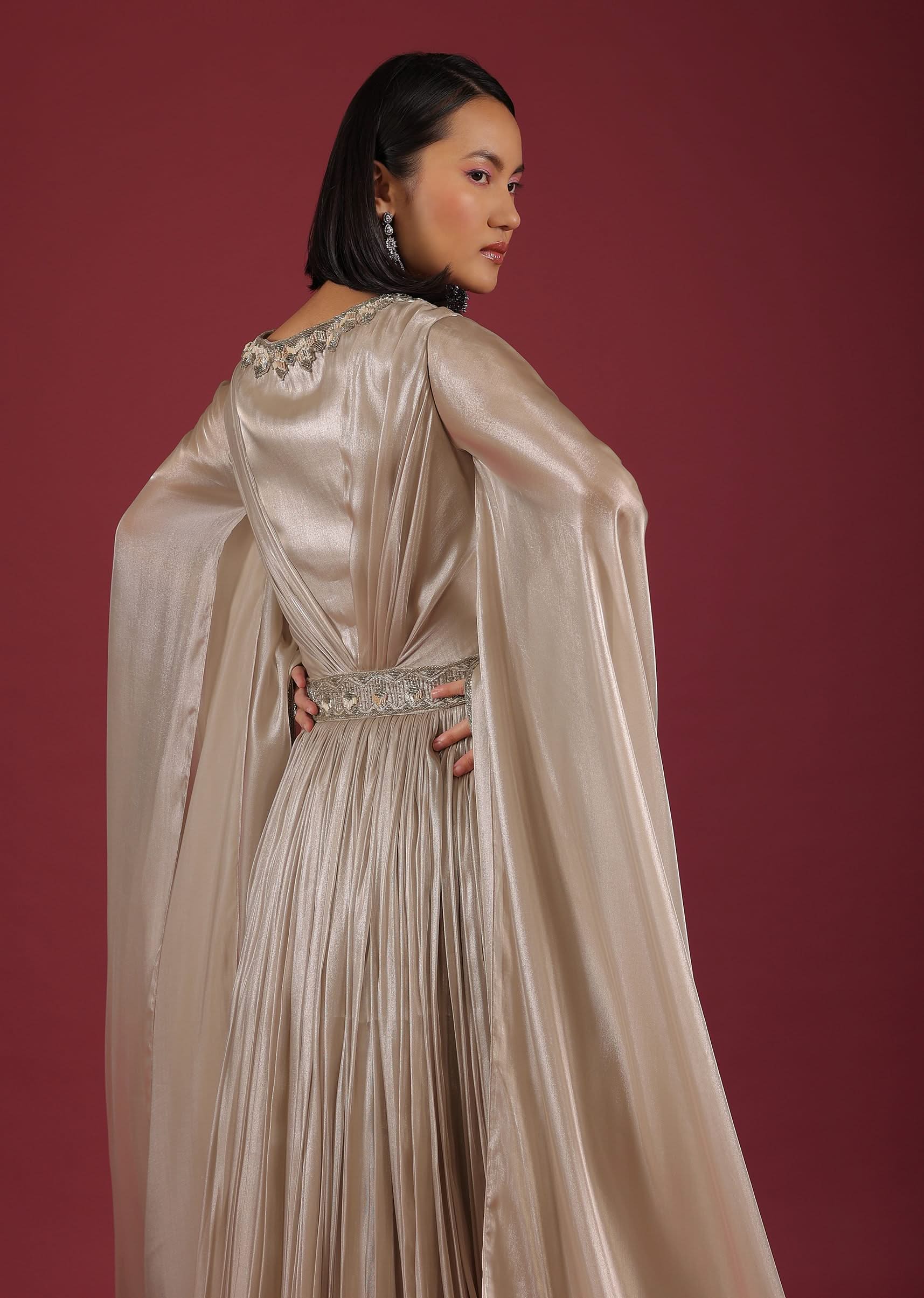 Oyster Organza Gown In Wide Sleeves, Crafted In Tissue Organza In A Deep V Neckline