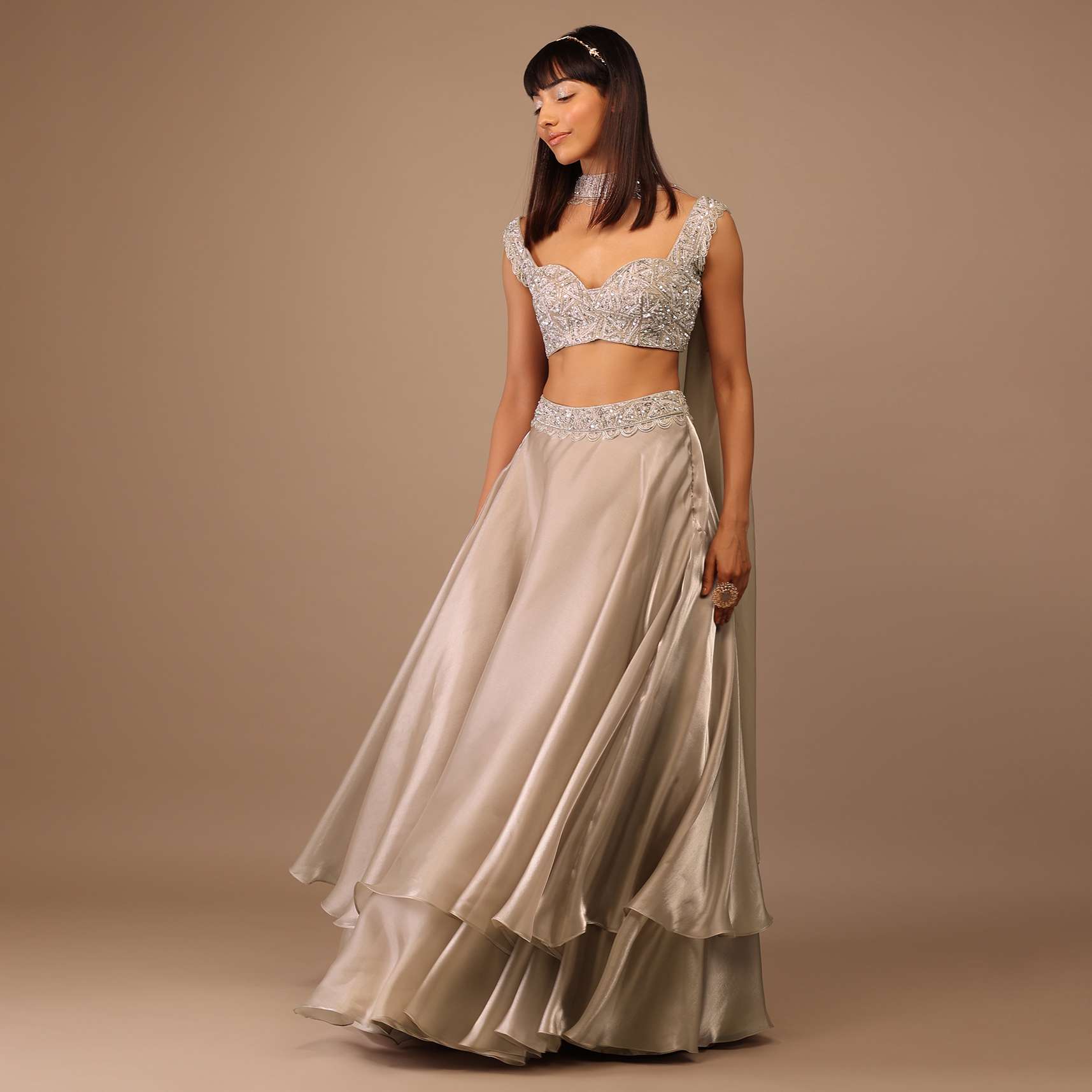 Oyster Organza Layered Skirt With Sleeveless Hand Embroidered Crop Top