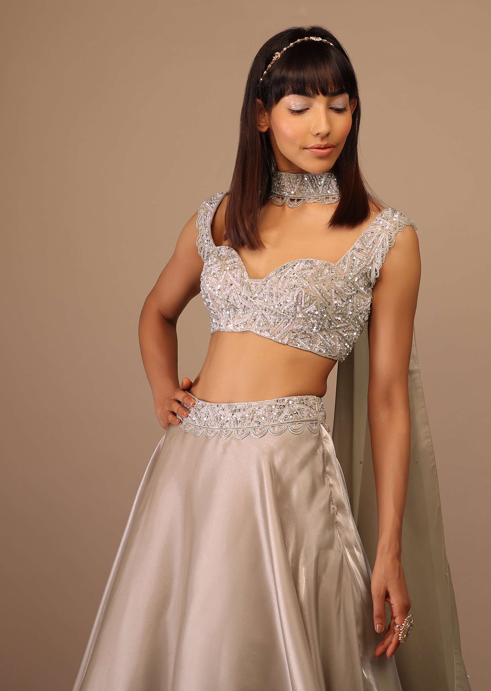 Oyster Organza Layered Skirt With Sleeveless Hand Embroidered Crop Top