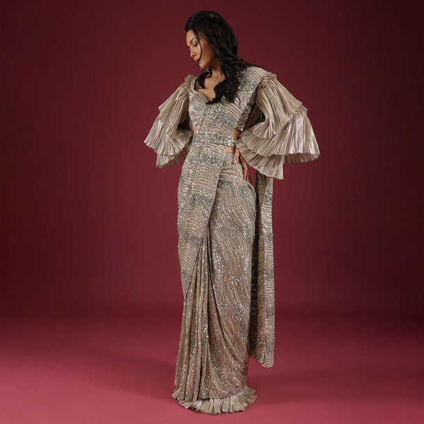 Oyster Ready Pleated Saree In Sequins Embroidery, Crafted In Net With A Side Zip Closure