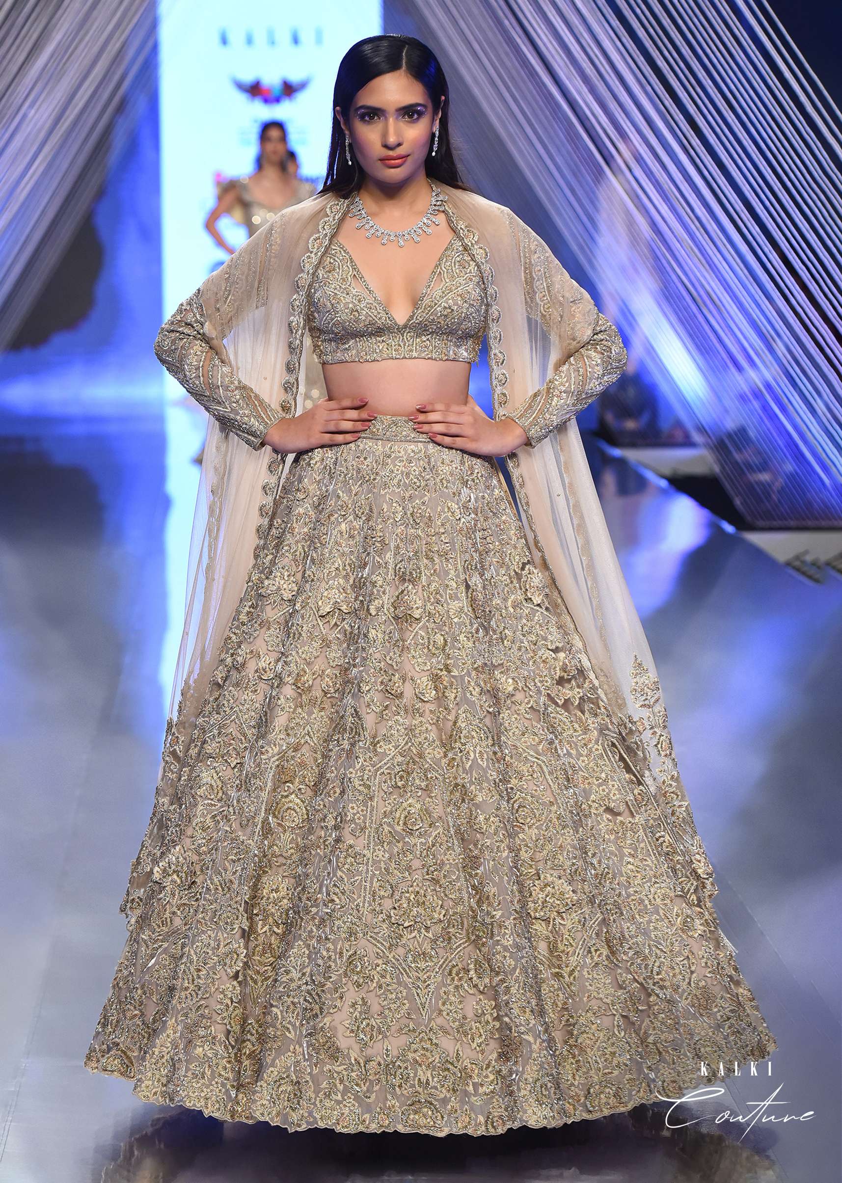 Oyster Royal Heritage Lehenga And Choli With Detailed Hand Embroidered Floral Kalis And Plunging Neckline