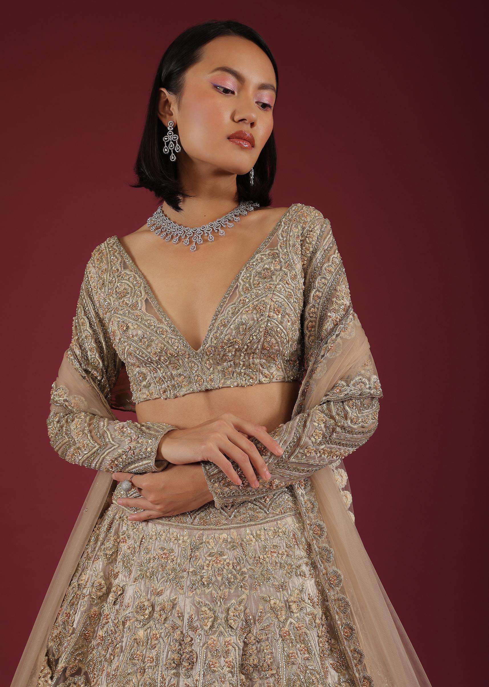 Oyster Royal Heritage Lehenga And Choli With Detailed Hand Embroidered Floral Kalis And Plunging Neckline