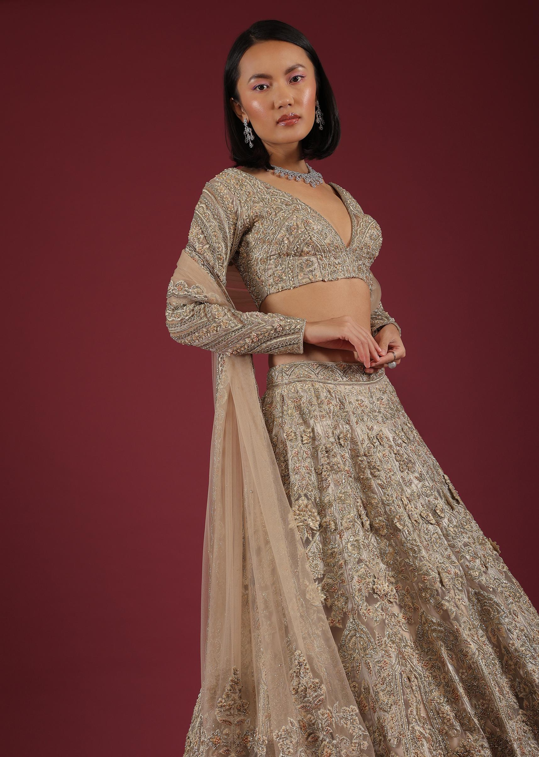 Oyster Royal Heritage Lehenga And Choli With Detailed Hand Embroidered Floral Kalis And Plunging Neckline