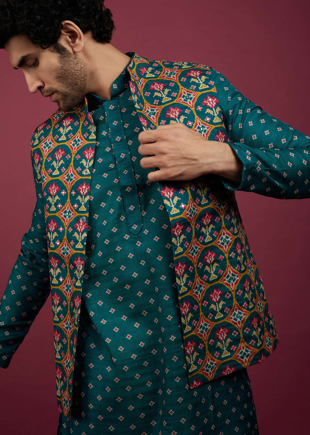 Teal Blue Silk Patola Printed Bandi Jacket With Kurta Set