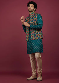 Teal Blue Silk Patola Printed Bandi Jacket With Kurta Set