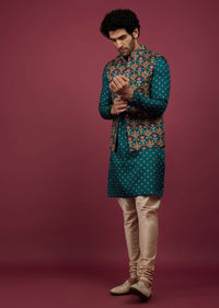 Teal Blue Silk Patola Printed Bandi Jacket With Kurta Set