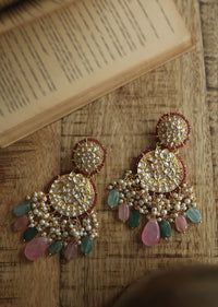 Multicolor Kundan Chandbalis With Ivory Colored Shell Pearls