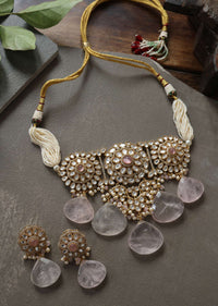 Gold Kundan Choker Necklace Set With Pink Quartz Stone