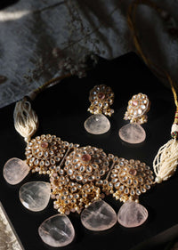 Gold Kundan Choker Necklace Set With Pink Quartz Stone