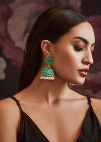 Turquoise Patchi Jhumkas In Gold Plated Silver Alloy