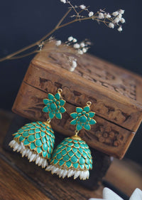 Turquoise Patchi Jhumkas In Gold Plated Silver Alloy