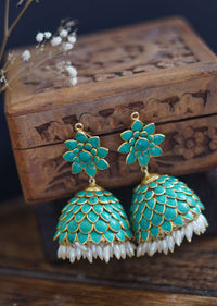 Turquoise Patchi Jhumkas In Gold Plated Silver Alloy