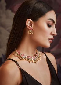 Pink Kundan And Pearl Necklace Set In Gold Plated Silver Alloy