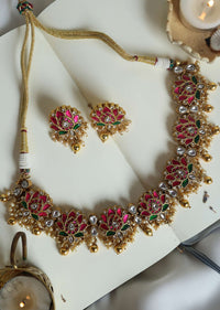 Pink Kundan And Pearl Necklace Set In Gold Plated Silver Alloy