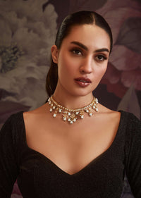 Gold Plated Polki Choker Necklace With Shell Pearls