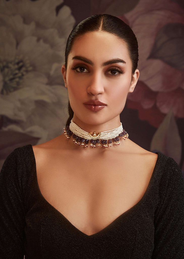 Gold Plated Kundan And Pearl Choker Necklace