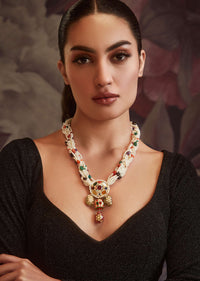 Navrattan Pearl Necklace With Stones In Gold Plated Silver Alloy