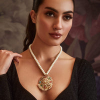 Multicolor Jadau Pendant Necklace With Aari Work
