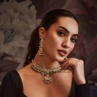 Gold Toned Polki Necklace And Earring Set With Green Onyx Stones