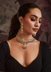 Gold Toned Polki Necklace And Earring Set With Green Onyx Stones