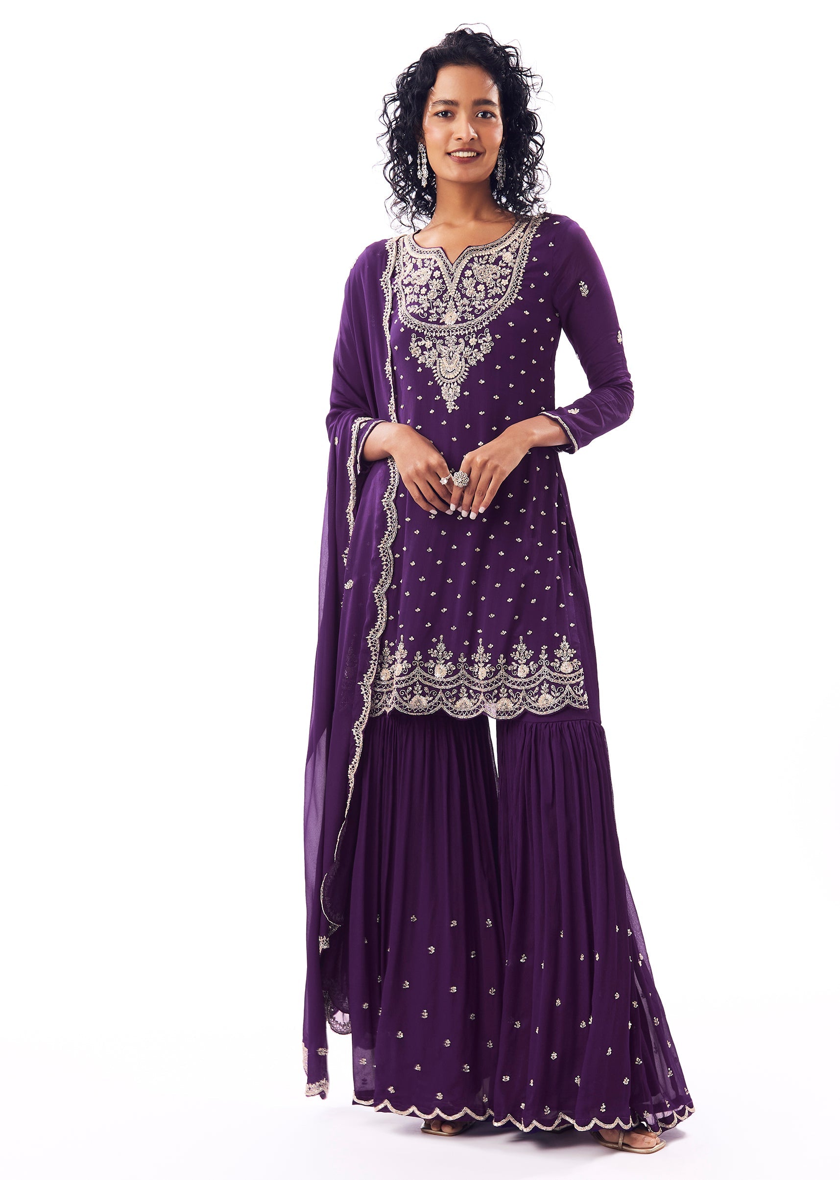 Pakistani Style Purple Sharara Set With Cutdana And Sequin Accents