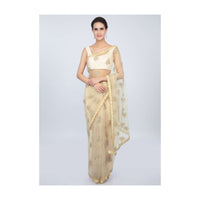 Pale cream sheer net saree with butti and embroidered scallop border only on kalki