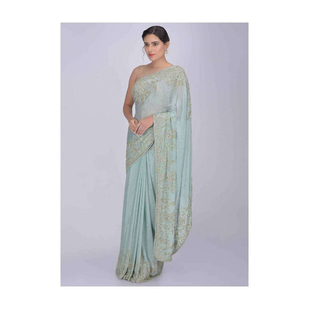 Pale Light Turq Saree In Georgette With Matching Blouse Piece Online - Kalki Fashion