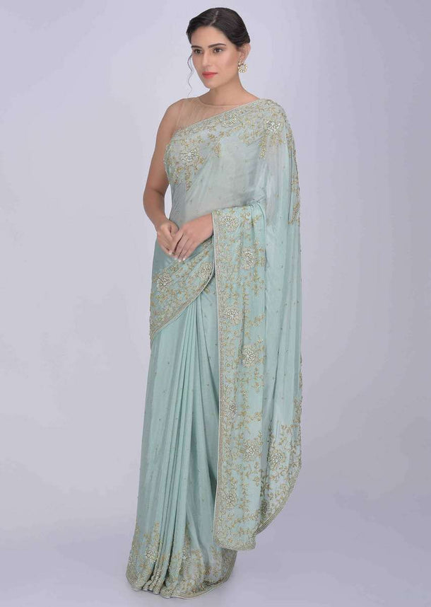 Pale Light Turq Saree In Georgette With Matching Blouse Piece Online - Kalki Fashion